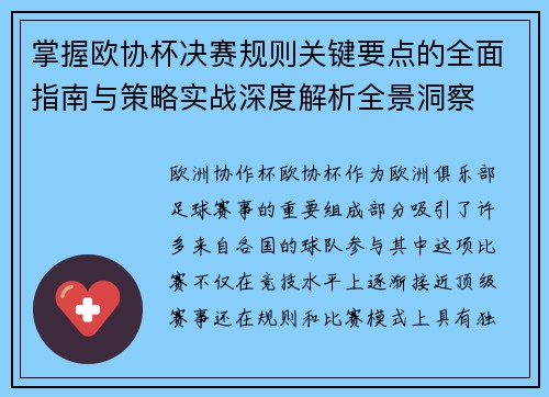 掌握欧协杯决赛规则关键要点的全面指南与策略实战深度解析全景洞察 掌握欧协杯决赛规则关键要点的全面指南与策略实战深度解析全景洞察